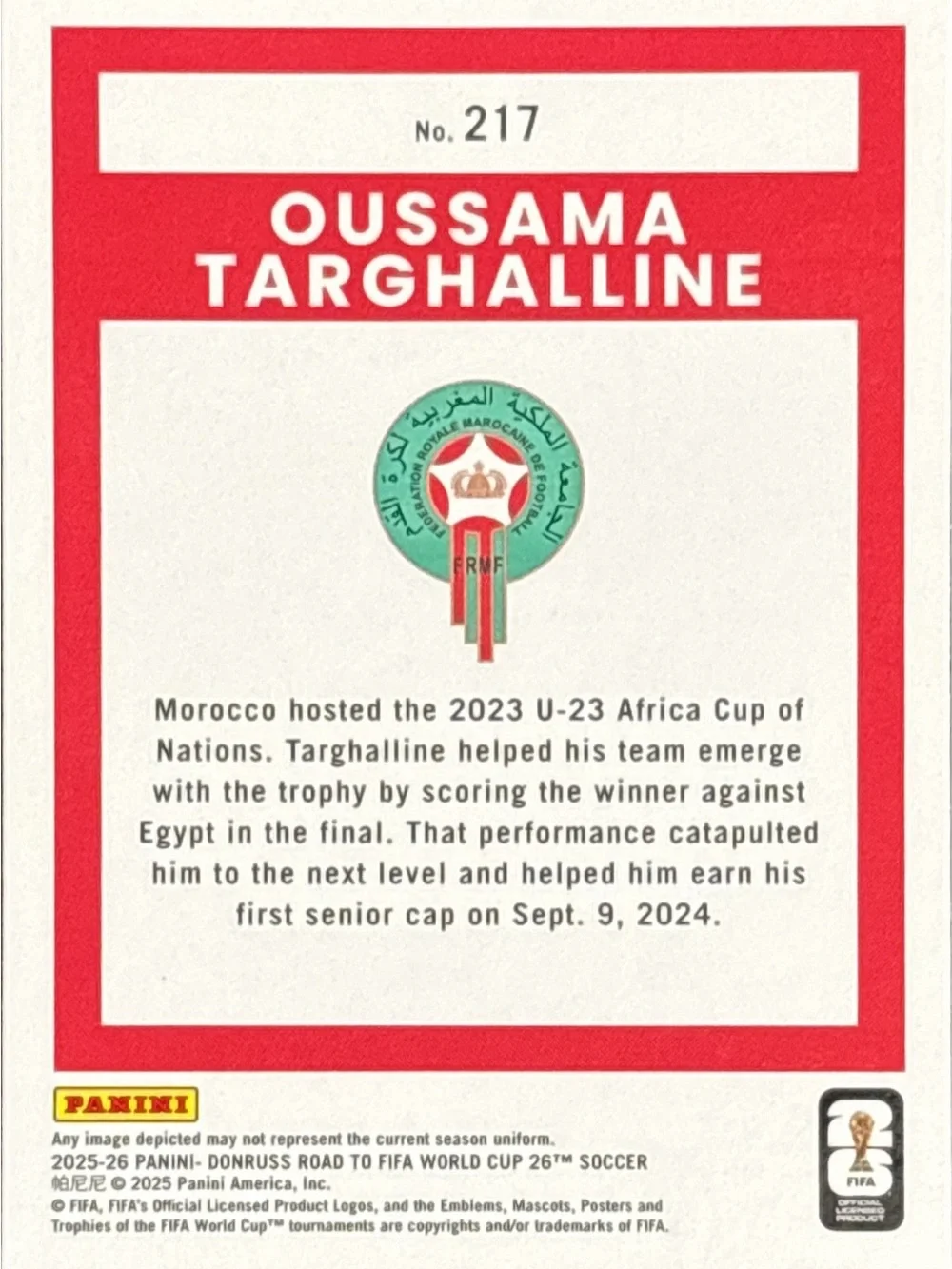 Panini Optic  Morocco Oussama Targhalline Rated Rookie Soccer Card